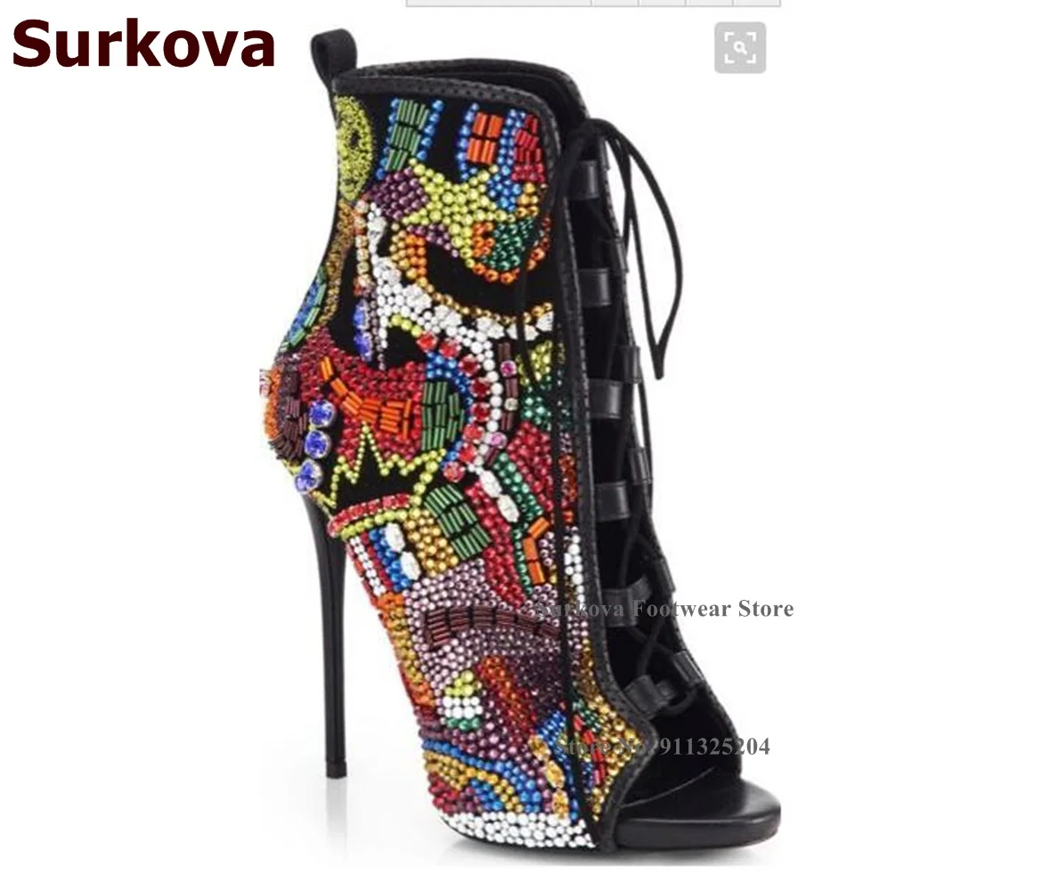 Surkova Bling Bling Multi-Color Crystal Ankle Boots Stiletto Heels Open Toe Lace-up Rhinestone Booties Colorful Glitter Pumps