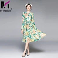 merchll 2021 new fashon summer long lantern sleeve slim midi dress woman elegant green flower print o neck party dresses m66837