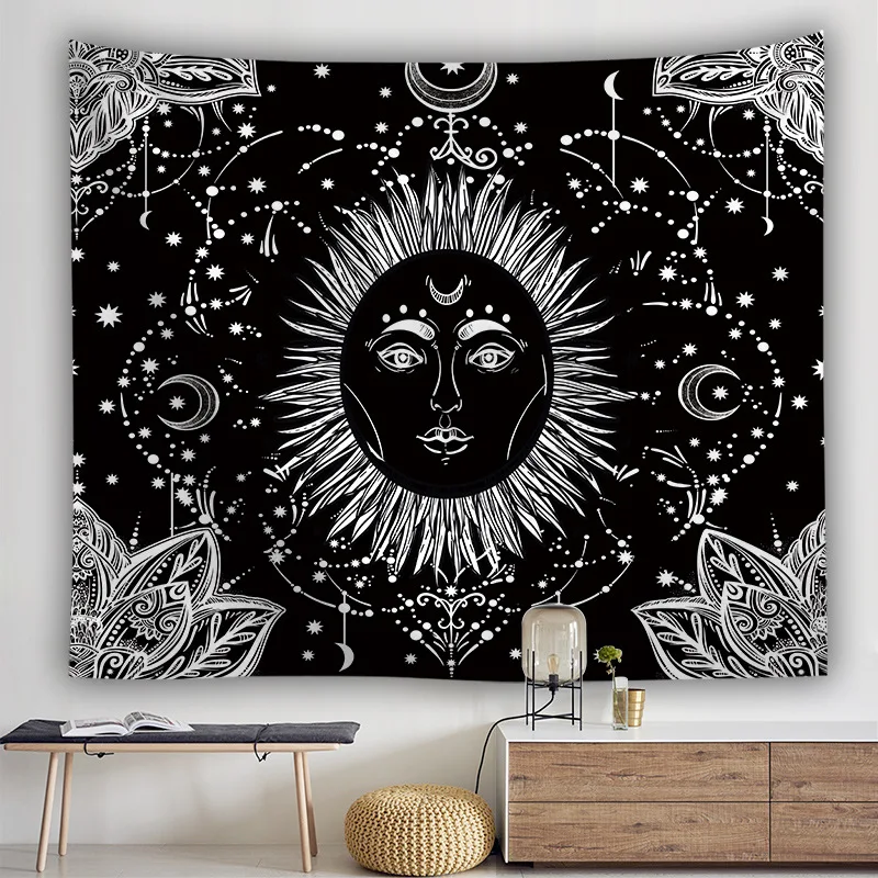 Бело черный цветной гобелен с изображением солнца Луны мандалы плед небесный