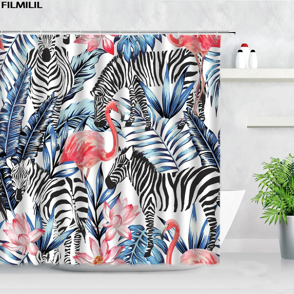 

FILMILIL Tropical Jungle Plants Animals Shower Curtains Leopard Zebra Parrot Palm Tree Home Decor Chic Bathroom Bath Curtain Set