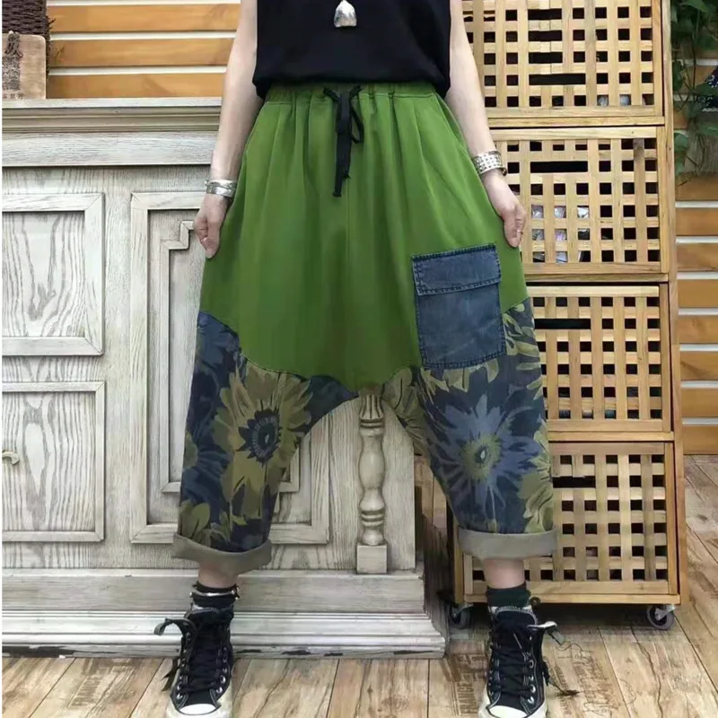 

Denim Cross-pants Women Splicing Low Drop Crotch jeans Hip hop punk style Baggy Cowboy Harem Pants Oversized Boyfriend Bloomers