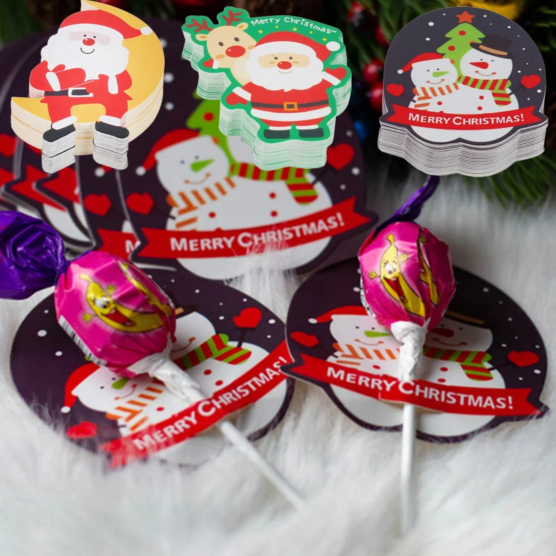 

50Pcs Cartoon Lollipop Cards DIY Christmas Decorations for Home Snowman Santa Candy Package Decor New Year Navidad Kids Gifts