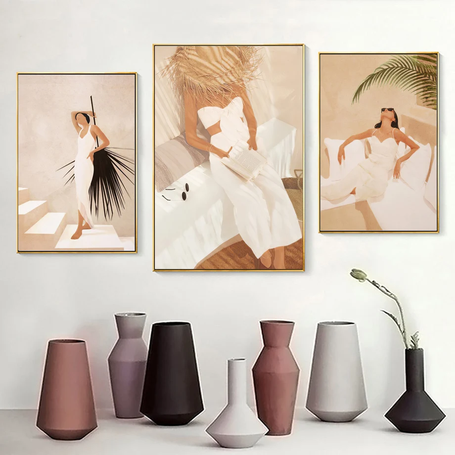 

Nordic Abstract Fashion Girl Summer Read Stairs Rest Wall Art Canvas Painting Poster for Living Room Bedroom Home Decoration