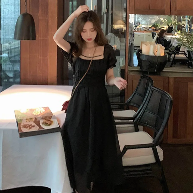 

Women Midi Dress 2021 Summer New French Vintage Square Collar Puff Sleeve Elegant Party Dress Korean Sweet Fairy Dress Clothing