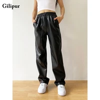 womens pants faux leather pants black casual baggy straight leg pants fashion vintage loose elastic waist trousers streetwear