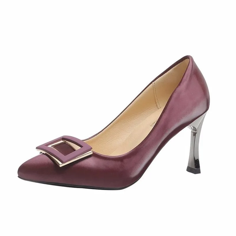 

2020 New Sexy Ladies Shoes Pumps Pointed Toe High Heels Solid Women Shoes Woman Square Metal Buckle Slip on Shallow Casual Shoes