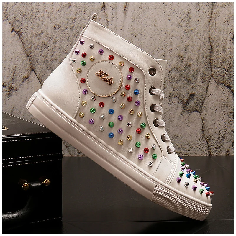 New luxury designer sneakers Men colorful Studded Rivet Spike Casual Flats high tops rock punk Shoes Male Moccasins Loafers | Обувь