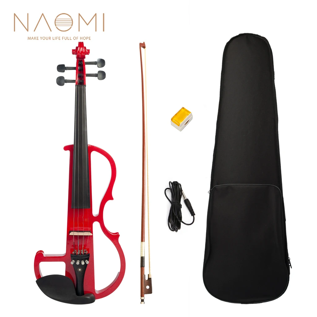 NAOMI Electric Violin Set Selected Solid Wood Hollow Body Silent Violin w/ Brazilwood Bow+Rosin+Audio Cable+Violin Carrying Case