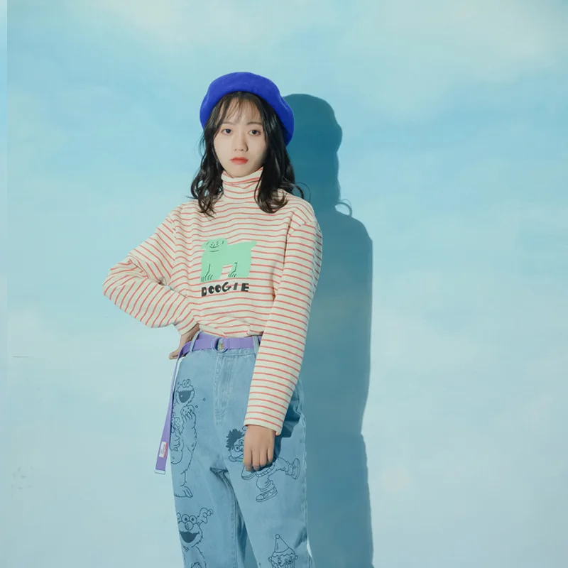 Высокое качество женская тонкая футболка в полоску с рисунком из мультфильма