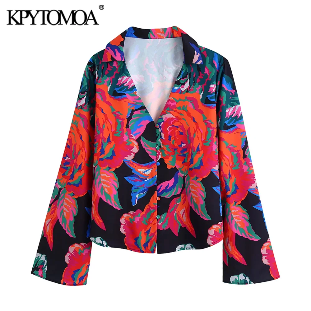 

KPYTOMOA Женская мода 2021 с закрытыми пуговицами блузки с цветочным принтом винтажные женские рубашки с V-образным вырезом и длинным рукавом Блу...