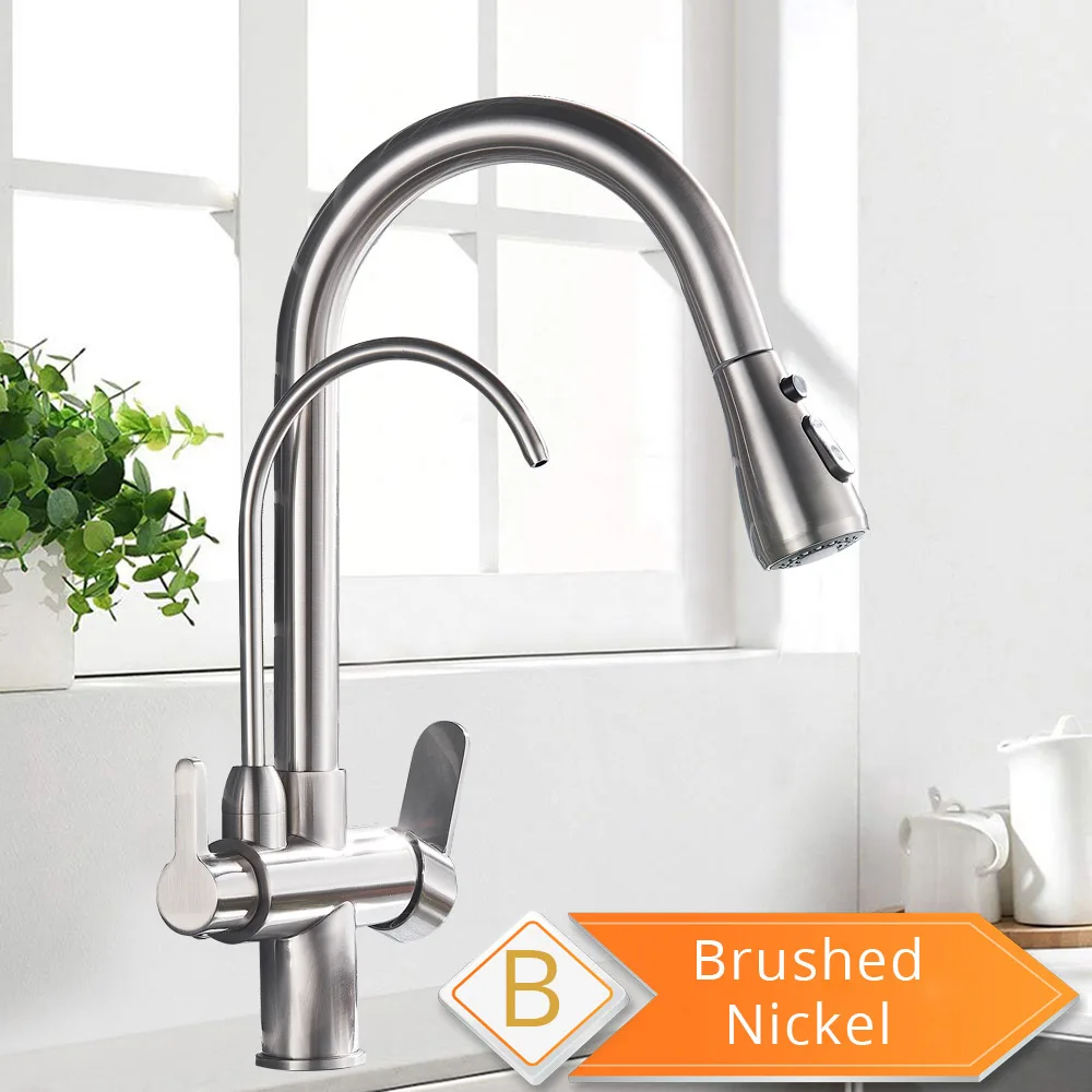 Brushed Nickel Черный и золотой фильтрованный кран для кухни выдвижной распылитель питьевой воды три способа фильтр для воды кран кухонный кран горячая холодная - Цвет: Brushed Nickel