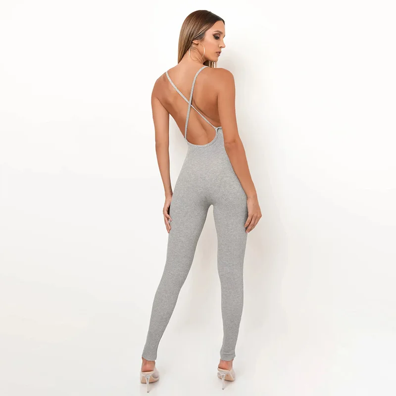 

CIBBAR Sexy Solid Backless Fitness Jumpsuits Women Sleeveless V Neck Workout Overalls Summer Bodycon Casual Street Outfits 2021