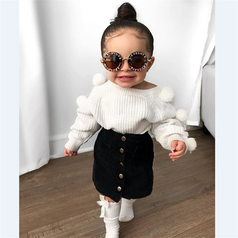 Юбка для маленьких девочек наряды вязаный свитер с длинным рукавом и помпоном