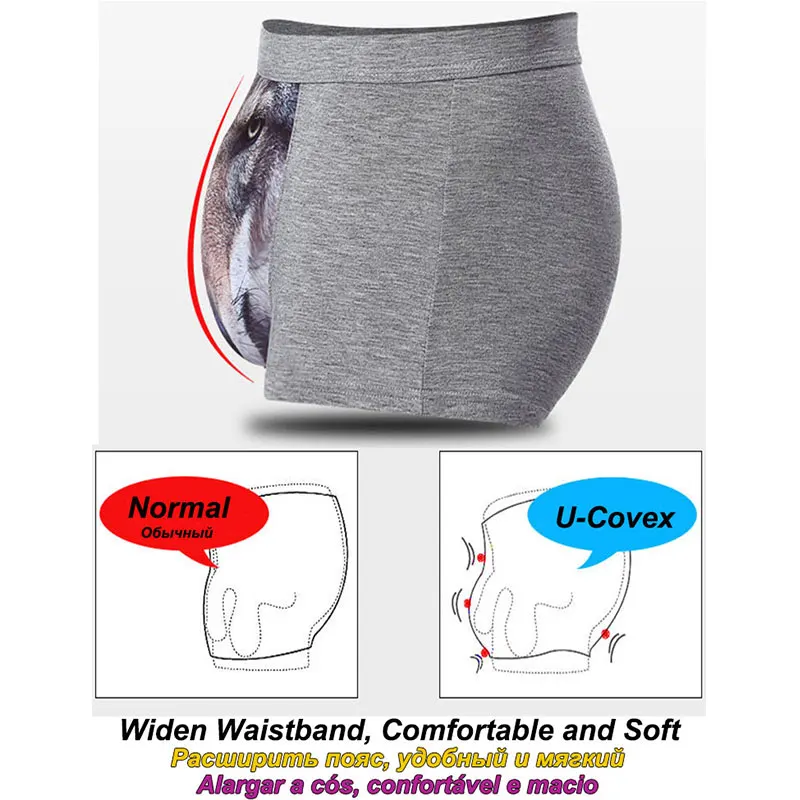 Cotton Men's Boxer Shorts Seamless Wolf Mid-Waist Panties Long Plus Size Animal Pattern Elephant Briefs Soft U-Convex Underwear