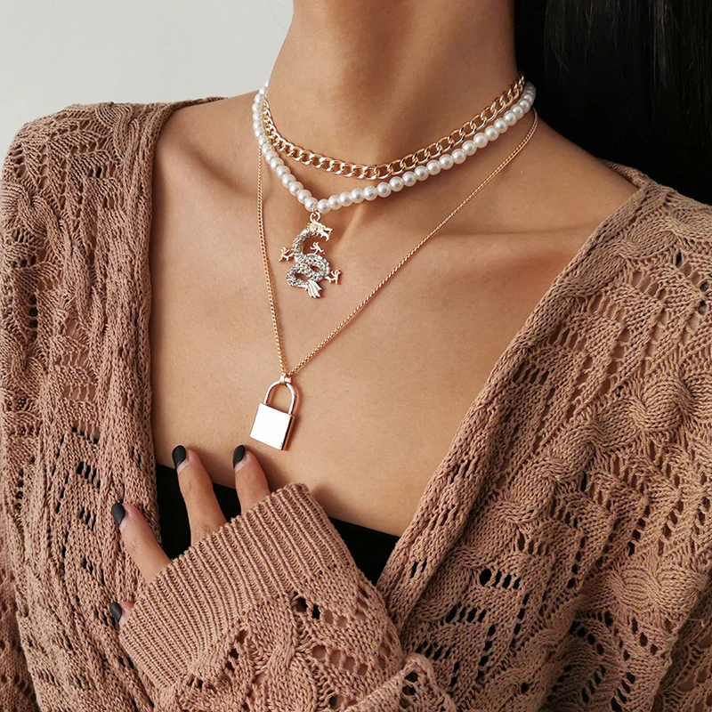 Многослойное массивное ожерелье цепочка в стиле панк женское с подвеской виде