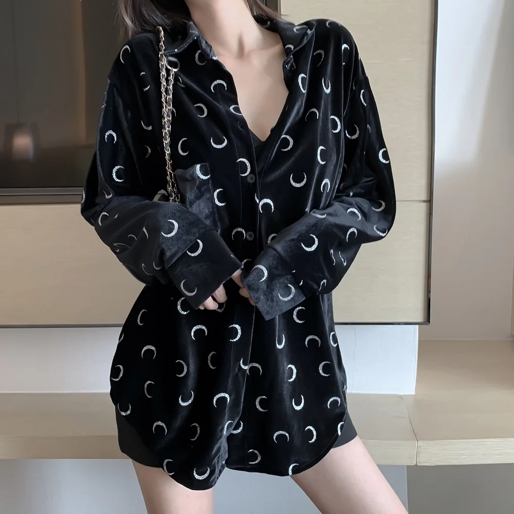 Велюровая блузка для женщин 2020 с длинным рукавом женская отворотом Свободная