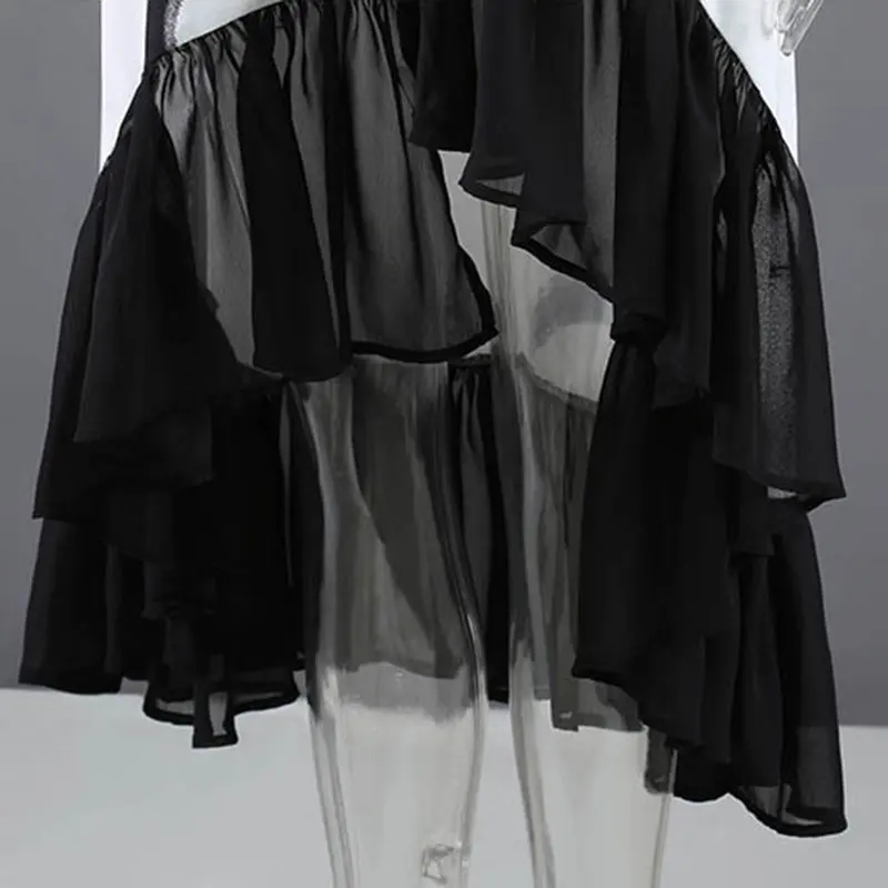 

XITAO Irregular Large Size Dress Contrast Color Print Chiffon Splicing Hem Summer Casual Loose Fashion Turn-down Collar CLL1194