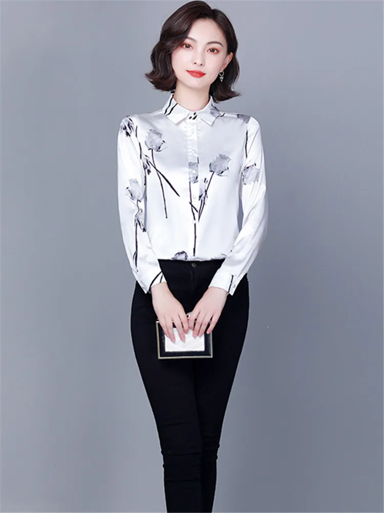 

Chikichi 2021 New Spring Ladies Shirt Floral Long-sleeved Fashion Loose Oversized Satin Top Women Blouses Plus Size 4XL