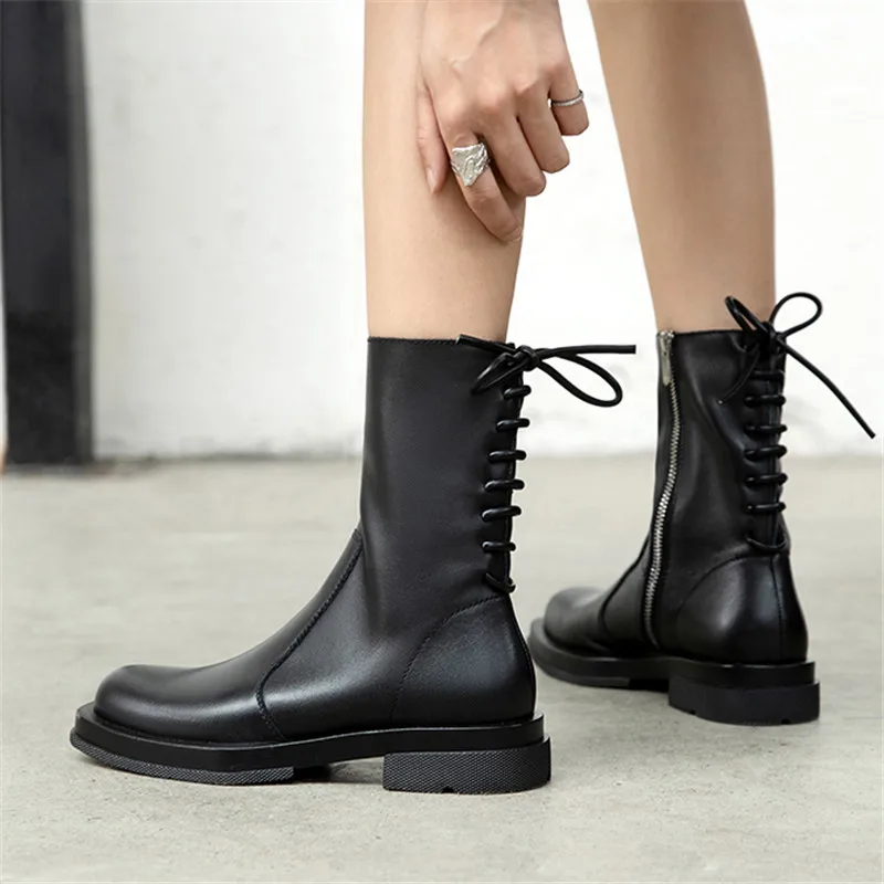 spesifikasi Sepatu Bot Wanita Musim Dingin Sepatu Bot Kulit Sapi Sepatu Bot Sedang Dengan Sol Tebal Sepatu Bot Motor Hitam Hak Rendah Item No.6155
