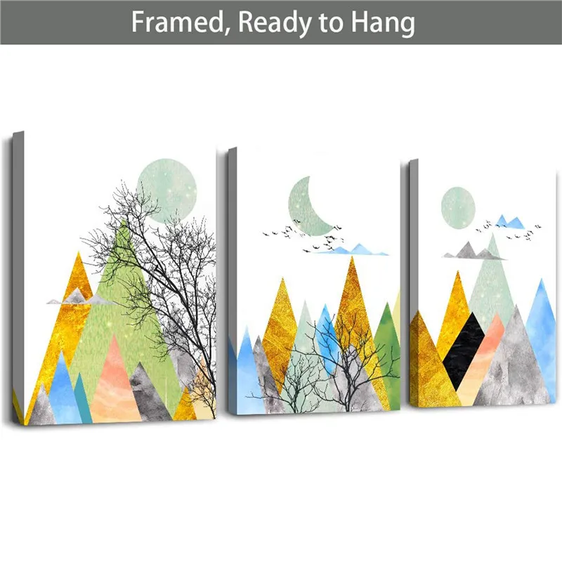 

Geometric Mountain Watercolor Canvas Wall Art Abstract Painting 3 Pieces Framed Picture Decoration for Living Room Modern Decor