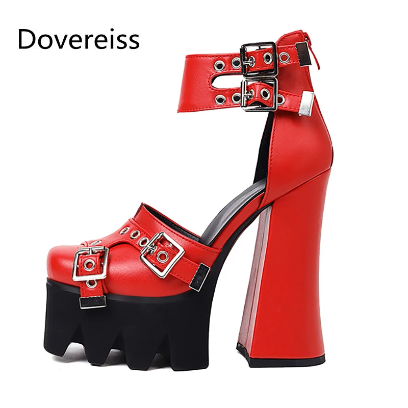 

Dovereiss Fashion Summer Women's Shoes Red Brown Elegant Femmes Buckle Chunky heels Waterproof Sandales Sexy Consice 34-43