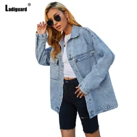 ladiguard 2021 autumn beauty print denim jackets ladies stand pockets top outerwear sexy fashion jacket long jean streetwear