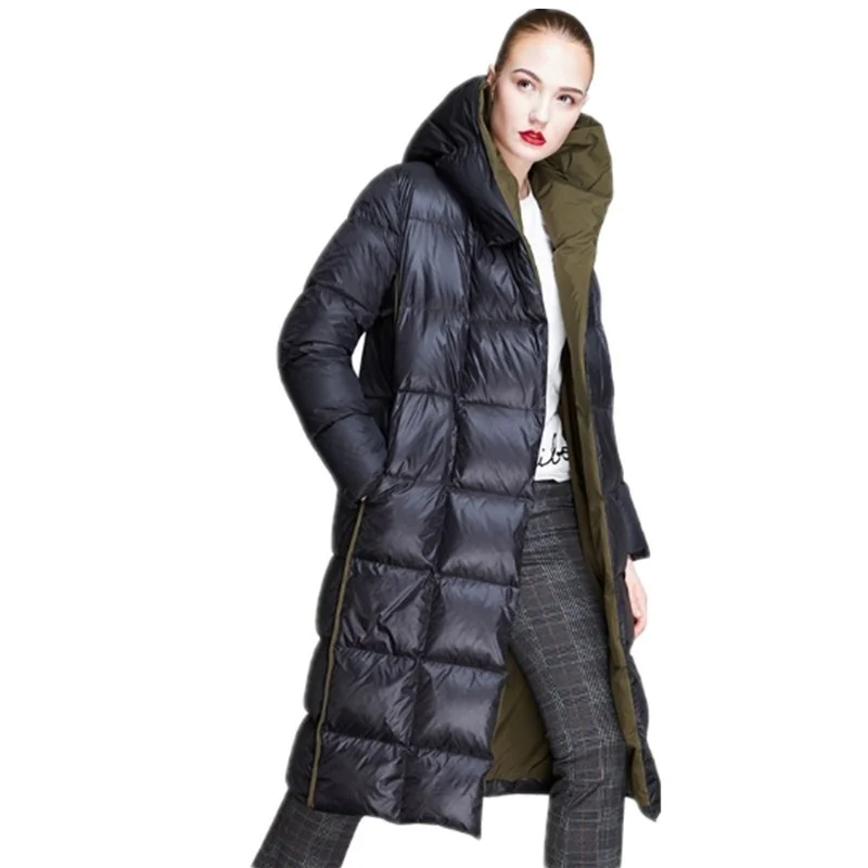 

Women Jacket Winter Thick Hooded 90% white duck down Long Warm coat Wide-waisted Parka Mujer