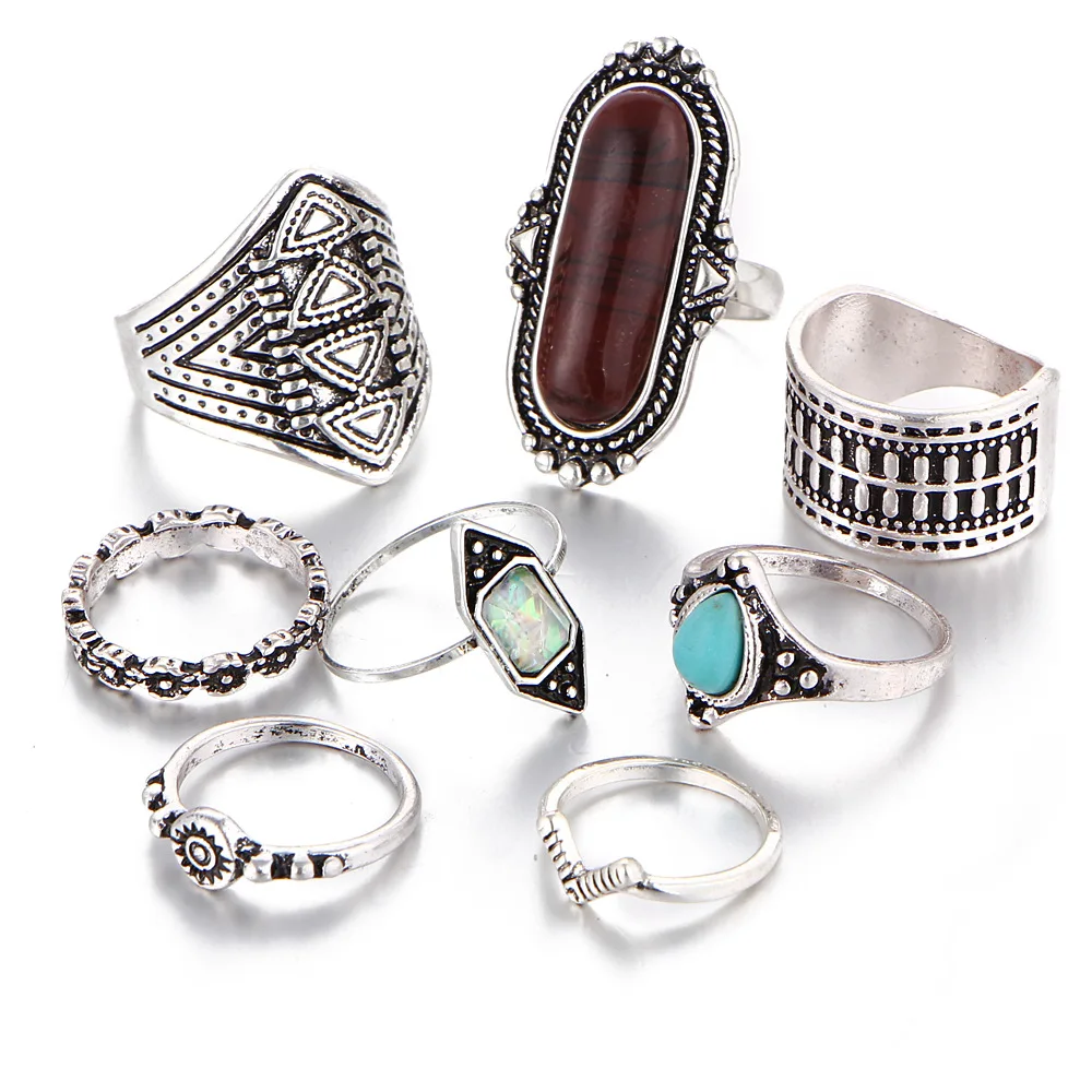 

Women Retro Ethnic Style Antique Exaggerated Stone Pine Stone Combination Ring Set