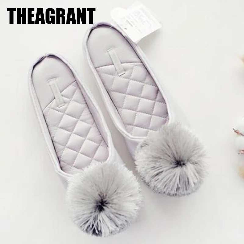 

THEAGRANT Fashion Women Shoes House Slippers Indoor Winter Bedroom Cute Ball Slip on Flat Slides Ladies Fur Slippers WSL3041