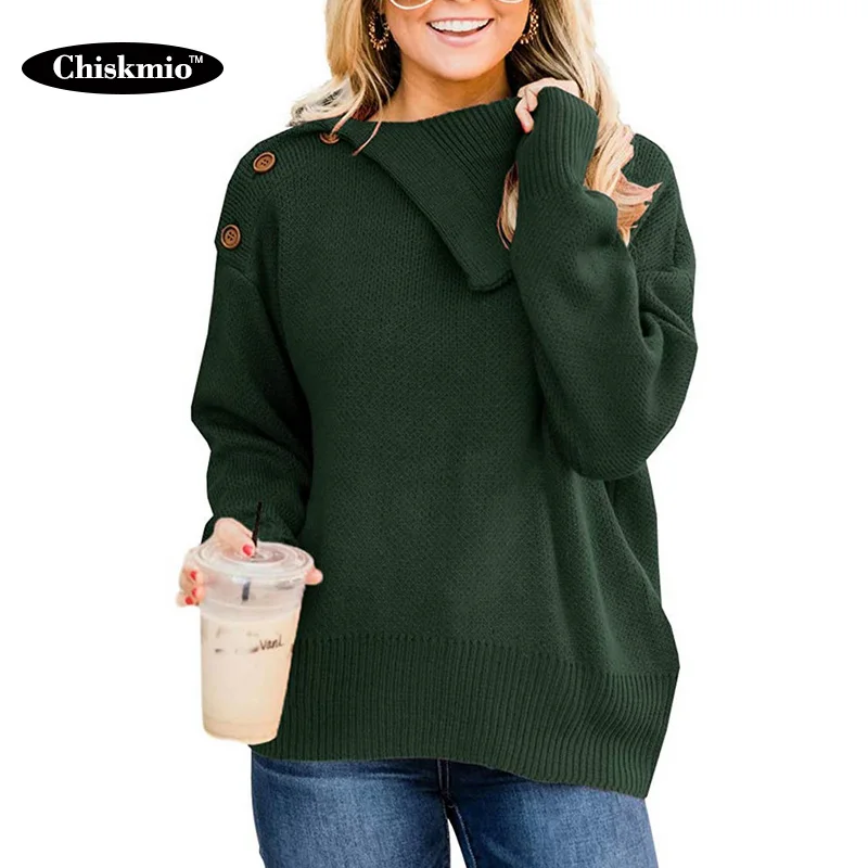 

Chiskmio Irregular Sweater Women's Knitwear Solid Color Long Sleeve Knit Tops Shoulder Button Pullover Women Clothing Harajuku