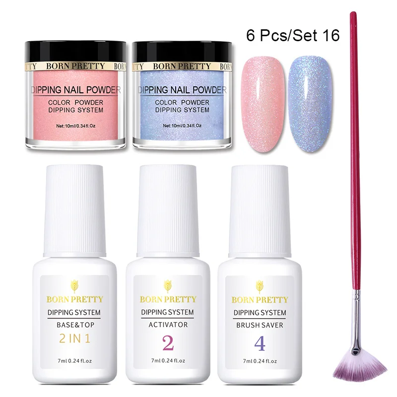 6PCS Set 16 BORN PRETTY погружение ногтей порошок Набор база и Топ 2 в 1 гель голографический натуральный сухой активатор градиент французский без лампы лечения - Цвет: 6PCS Set 16