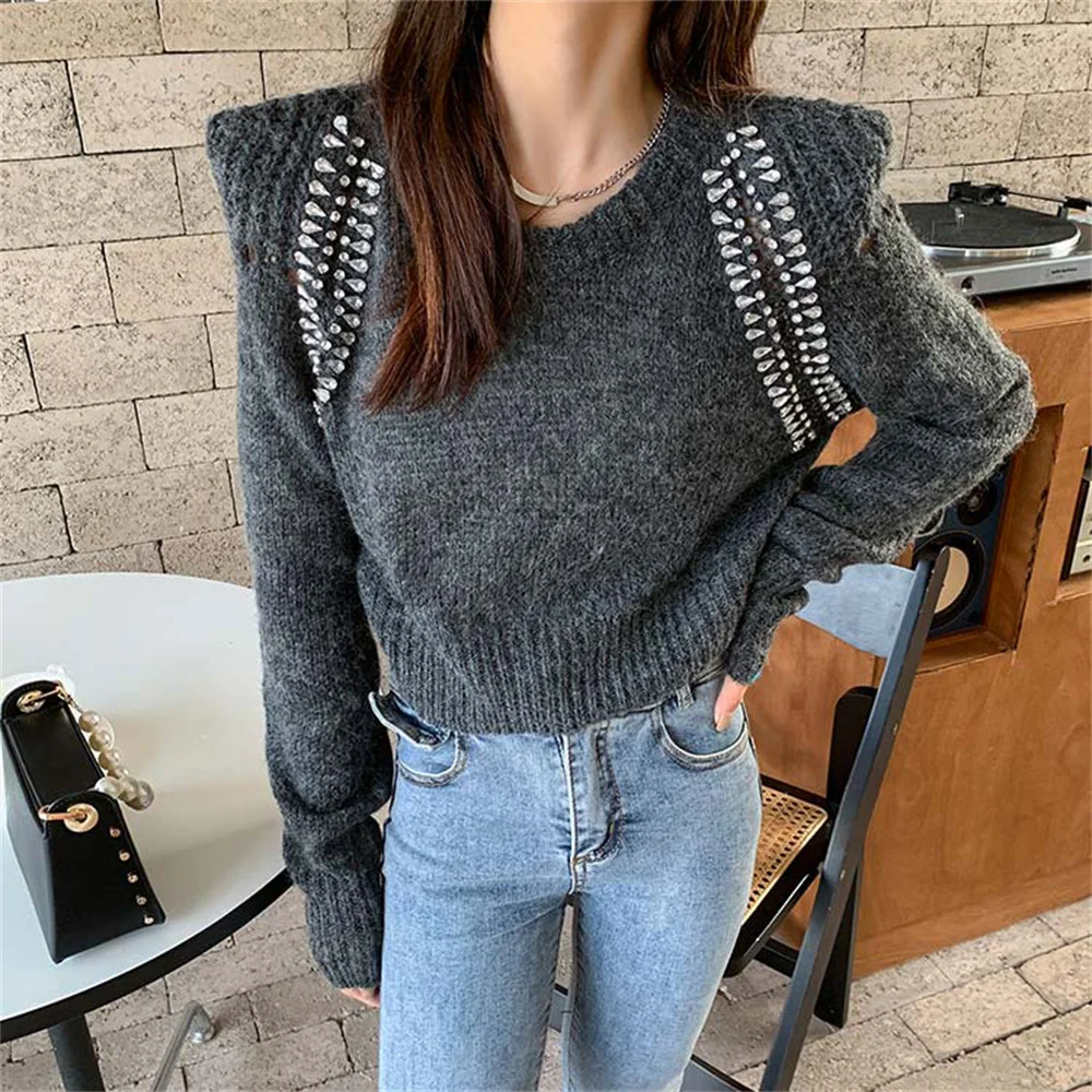 

동대문 Close Waist Pure Color Sweaters Hot OL Women Autumn Fashion Hollow Out Pullover Harajuku All Match Shoulder-Pads Jumpers