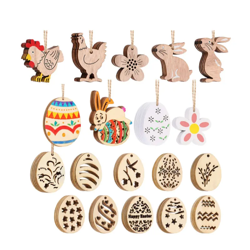 

10pcs Wood Chips Easter Day Party Home Decorations Painted DIY Egg Rabbit Easter Egg Pendant Wooden Crafts Figurines
