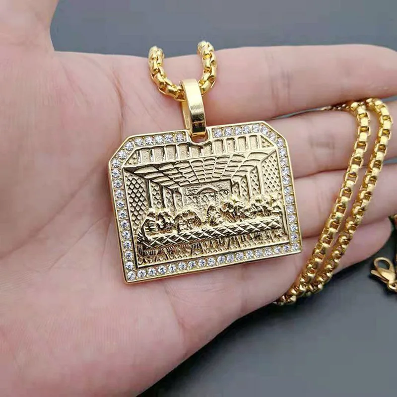 

Hip Hop Bling Iced Out Rhinestones Stainless Steel The Last Supper Geometric Square Pendants Necklaces for Men Rapper Jewelry