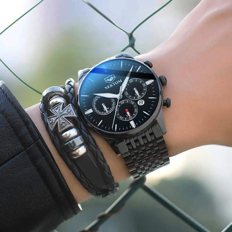 Часы наручные NEKTOM Мужские кварцевые роскошные брендовые золотистые с двойным