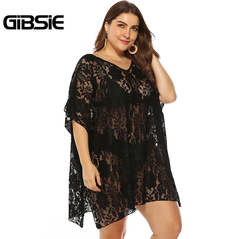Женский прозрачный купальник бикини GIBSIE черный кружевной большого размера плюс