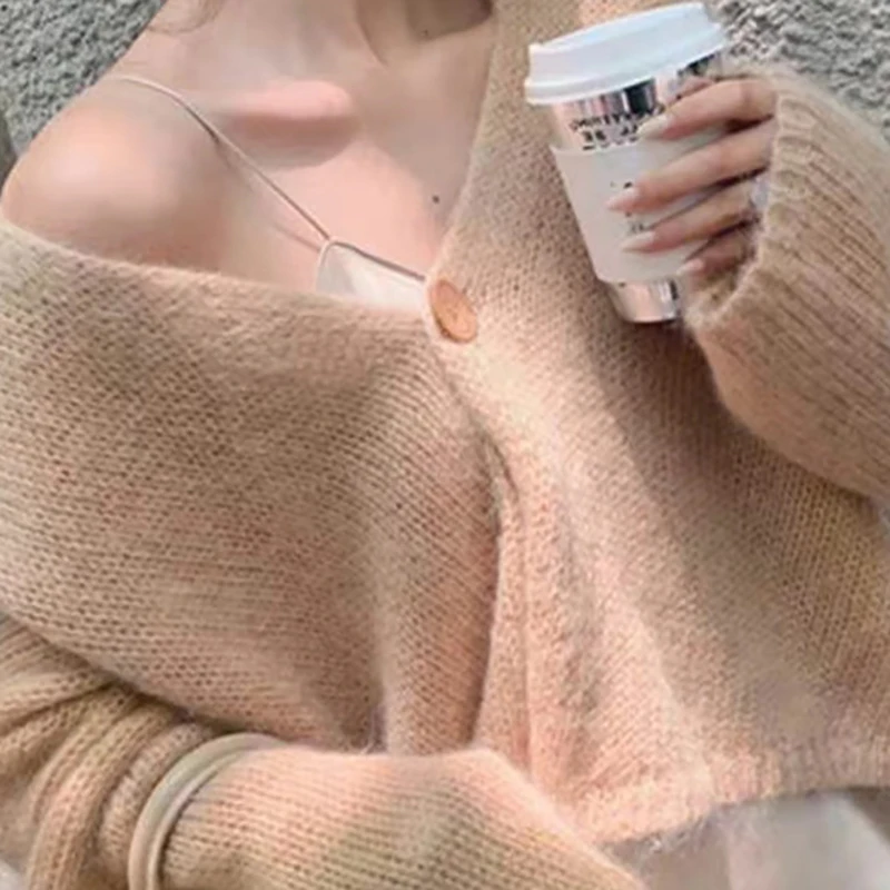 

Spring Autumn Solid Color Thin Cardigan Sweaters Women Fashion Single Button V-neck Cardigan Coat Korean Loose Knitted Sweaters