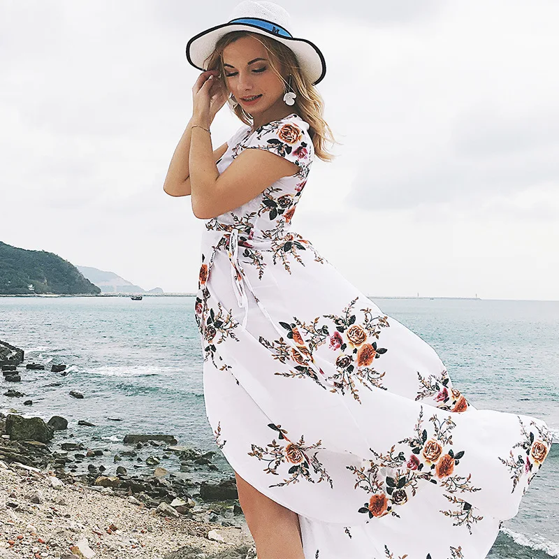 Шифоновые платья Летнее Длинное белое пляжное платье с цветочным принтом и V