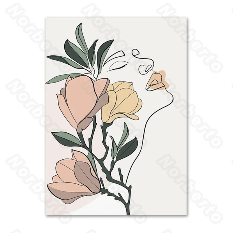 

Stick Figure Pictures Canvas Painting Wall Poster Vase with Pink and Yellow Flowers Charming Woman for Home Rooms Wall Decoratio