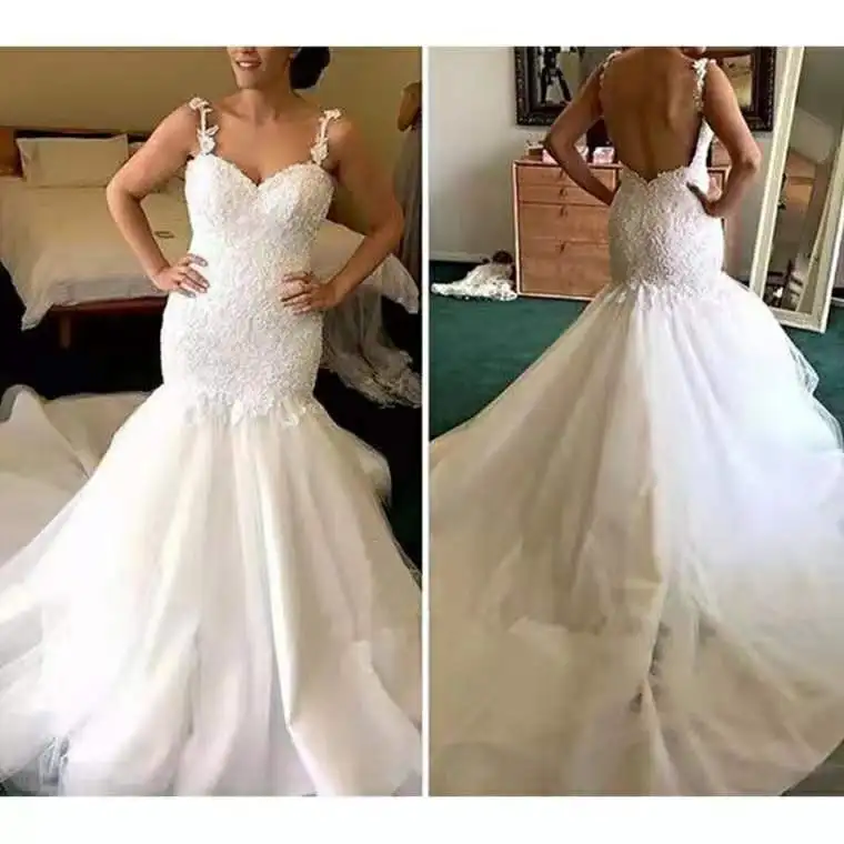 

2019 New Sexy Mermaid Spaghetti Straps Backless Sleeveless Floral Pleat Applique Court Train Lace Wedding Dresses