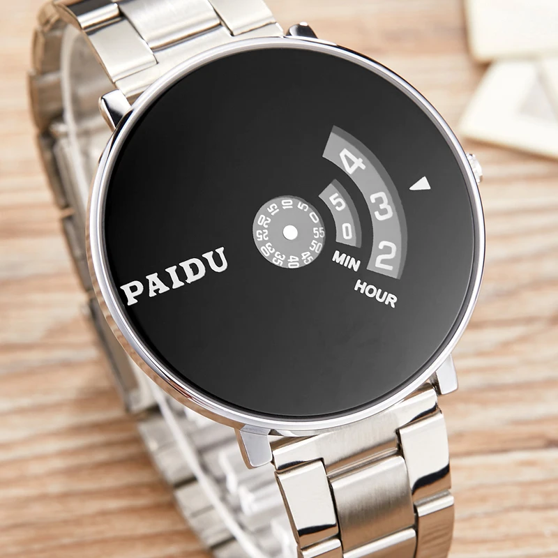 

Paidu Creative Unique Man Quartz Watch No Pointer Rotating Turntable Stainless Steel Dial Belt Watch Male Sports Fashion