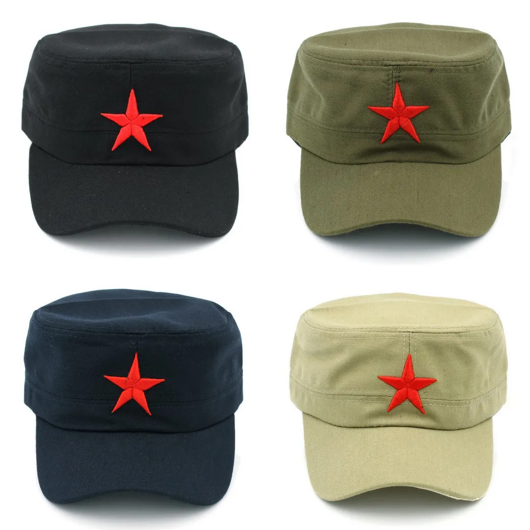 

Cotton Military Cap Spring Summer Beach Outdoor Street Street Cool Church Sunhat Flat Top Hat with Red Star Fishing Caps Men