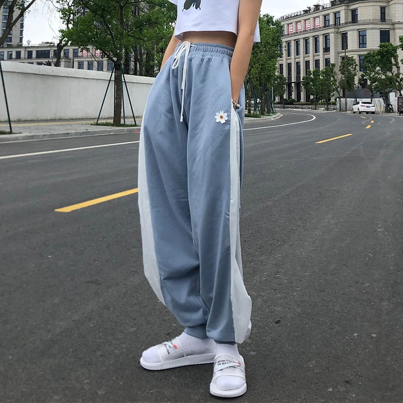 

White Blue Contrast Loose Jogging Pants Women High Waist Drawstring Trousers Casual Pants Female Korean Streetwear Pants