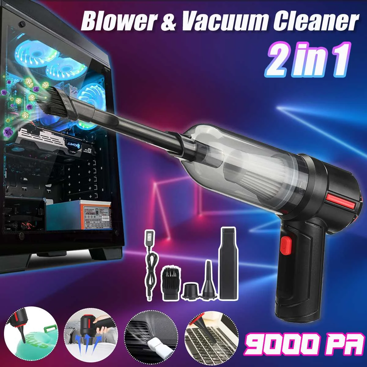 

2 In 1 120W 9000Pa Cordless Air Duster Blower Handheld Vacuum Cleaner For Computer Laptop Keyboard Rechargeable Cleaning Tool