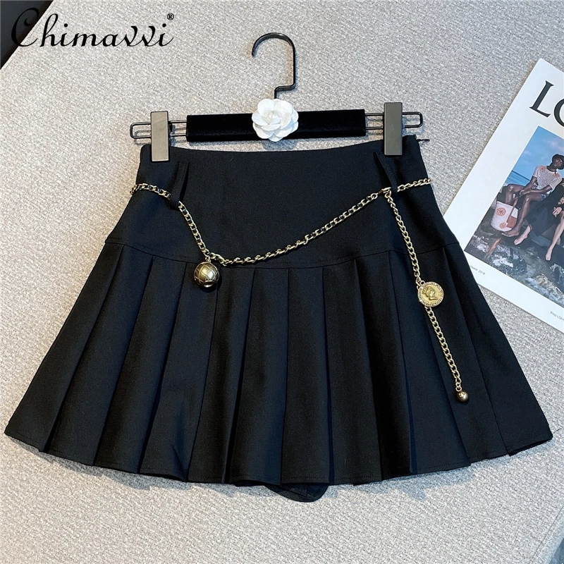 

2021 Winter Clothes French Fashion Retro Heavy Metal Waist Chain Skirt Slim Fit Versatile High Waist Pleated A- Line Suit Skirts