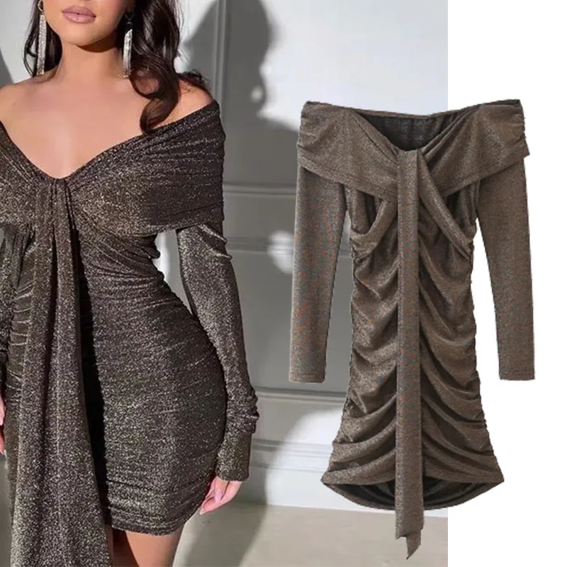 

Xypskh Za Women 2021 Autumn New Fashion Strapless Folds Slim Mini Dress Vintage Long Sleeve Party Female Dresses Vestidos Mujer