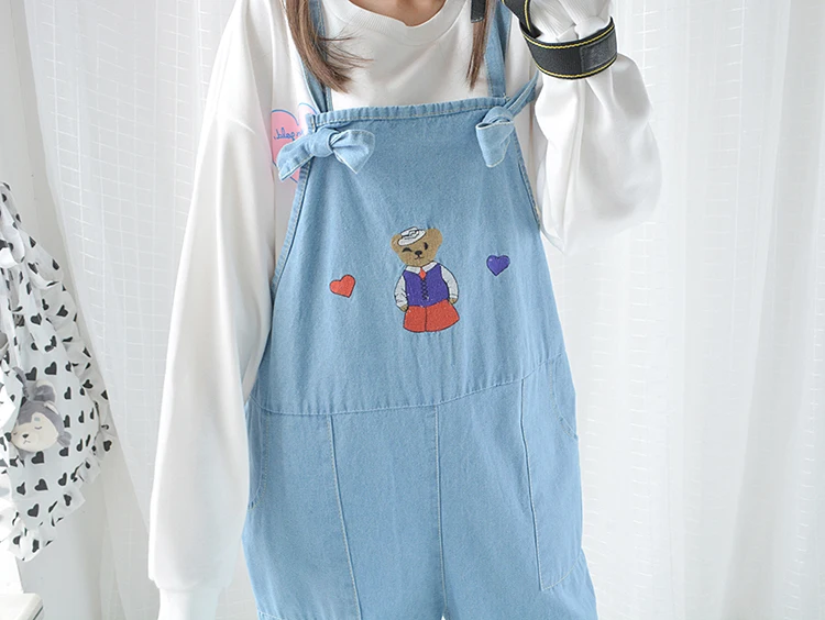 Love Bear Embroidery Big Pockets Women's Jeans Jumpsuits Rompers Casual Pants Trousers Playsuits 2 Colors |