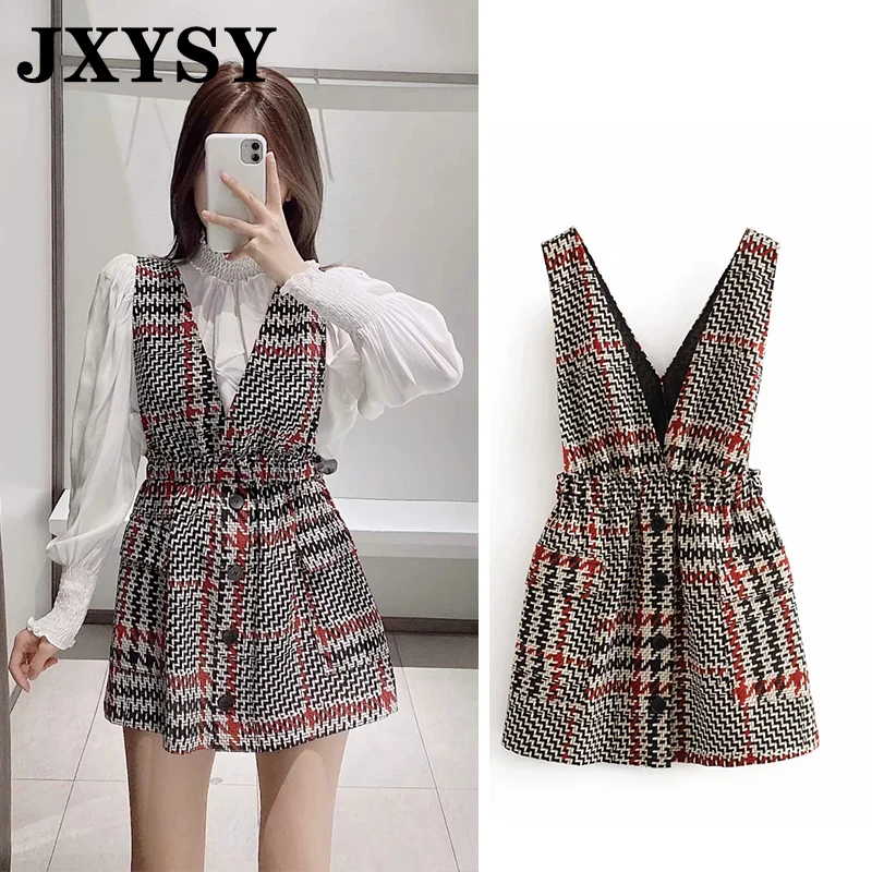 JXYSY английский стиль винтаж в клетку однобортное Мини платье на бретелях для