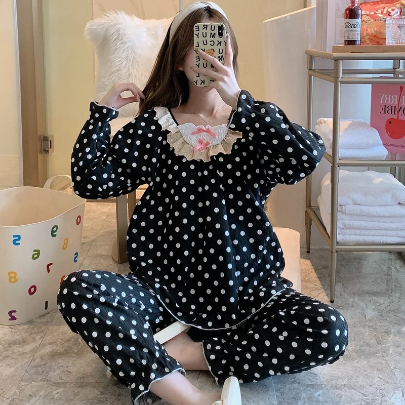 

2022 Spring Autumn Long Sleeve Cute Lace Pajama Set for Women Polka Dot Sleepwear Suit Pyjama Homewear Pijama Mujer Home Clothes