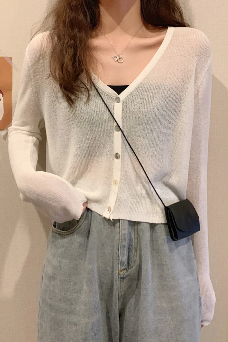 Женский тонкий кардиган с V-образным вырезом и длинным рукавом |